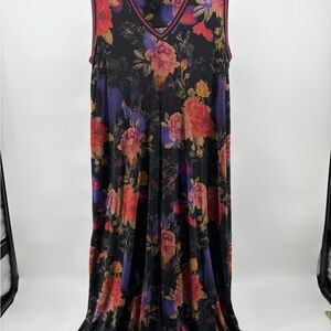 Johnny Was Jersey Floral Sleeveless Casual Midi Dress Size M Black Dark Romantic